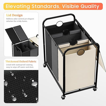180L (47.55 Gal) Laundry Sorter 3 Section, Rolling Laundry Basket with Lockable Wheels and Lid, Laundry Hamper with 3 Separated Removable Bags Dirty Clothes Hamper for Laundry Room, Multicolored