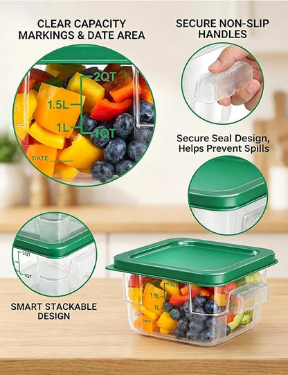 4 Pack 2QT Food Storage Containers with Green Lids, Clear Square Restaurant Commercial Food Storage Containers with Handle and Scale, Marinating Container Dough Rising Bucket for Home & Dining