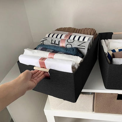 xianshengle Fabric Storage Basket for Shelves, Collapsible Storage Bins with wood Handles, Rectangle Closet Baskets, Wardrobe Organiser, for Sorting Clothes, Family Items (Black) (2)