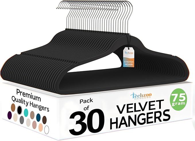 Techzoo Premium Velvet Hangers 30 Pack Ultra Thin Non Slip Adult Felt Space Saving Suit Hanger for Closet Heavy Duty Coat Pants Jackets Dress Hangers 360° Swivel Hook Hold Upto 10 lbs Black