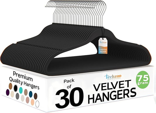 Techzoo Premium Velvet Hangers 30 Pack Ultra Thin Non Slip Adult Felt Space Saving Suit Hanger for Closet Heavy Duty Coat Pants Jackets Dress Hangers 360° Swivel Hook Hold Upto 10 lbs Black