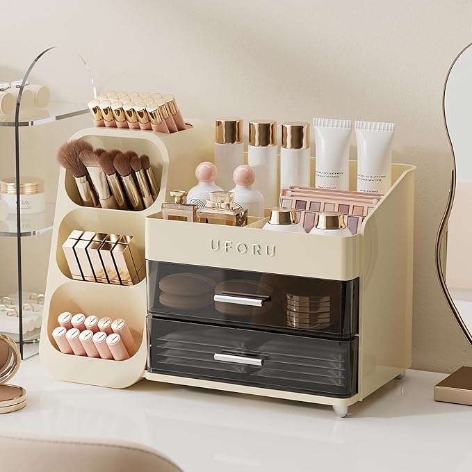 Makeup Organizer for Vanity with Brush Holder, Large Capacity Bathroom Countertop Skincare Organizer with 2 Drawers, Cosmetic Display Case for Perfumes, Eyeshadow Palettes, Nail Polishes