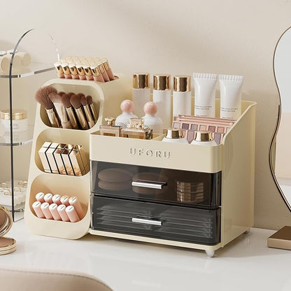 Makeup Organizer for Vanity with Brush Holder, Large Capacity Bathroom Countertop Skincare Organizer with 2 Drawers, Cosmetic Display Case for Perfumes, Eyeshadow Palettes, Nail Polishes