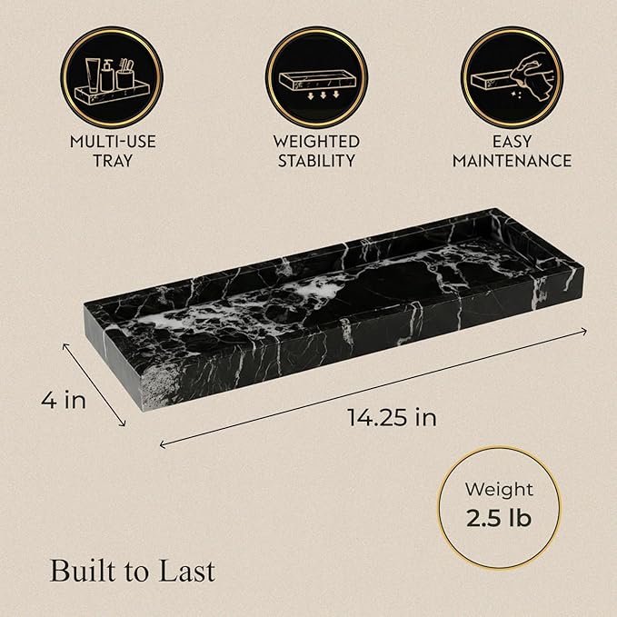 Bey-Berk Atticus Black Zebra Marble Bath Tray, 14.25" Rectangular Vanity Organizer, Bold Stone Accent