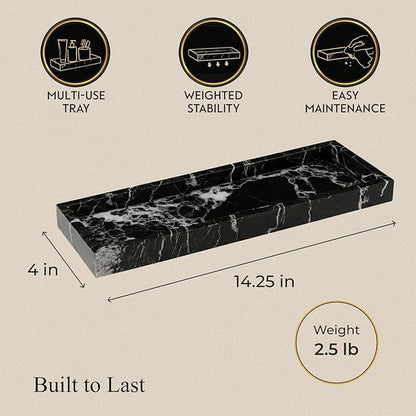 Bey-Berk Atticus Black Zebra Marble Bath Tray, 14.25" Rectangular Vanity Organizer, Bold Stone Accent
