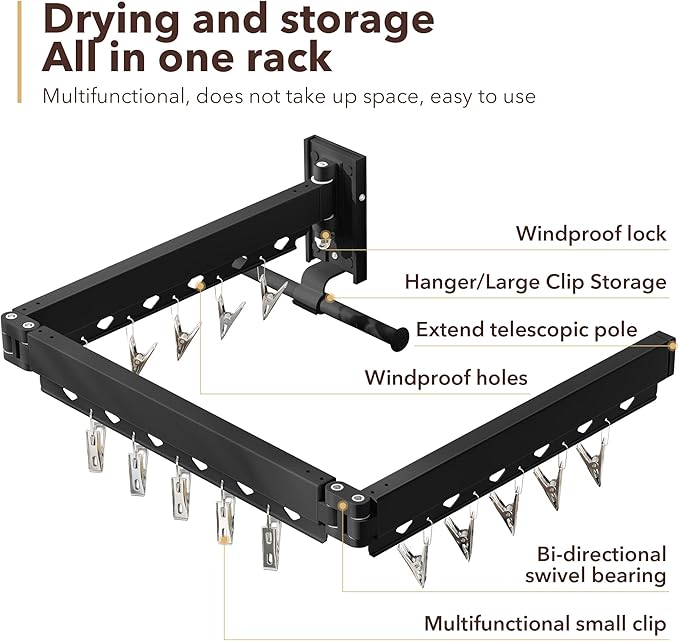 ZdwCyl Wall Mounted Clothes Hanger, Aluminum Clothes Drying Rack, Space Saver, Retractable, Windproof Holes, with Clips