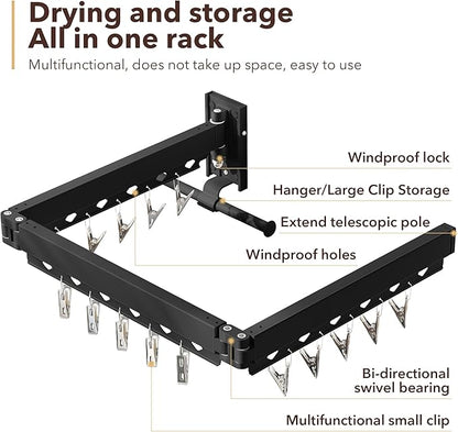 ZdwCyl Wall Mounted Clothes Hanger, Aluminum Clothes Drying Rack, Space Saver, Retractable, Windproof Holes, with Clips