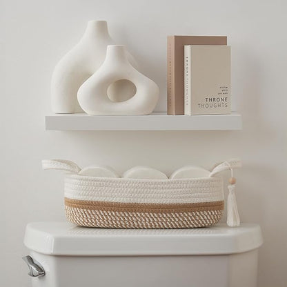 Decorative Toilet Paper Basket – Beautiful Bathroom Organizer for Toilet Tank Storage Decor – Boho Cotton Rope Bin with Tassel for Bathroom Accessories and as Shelf Decor