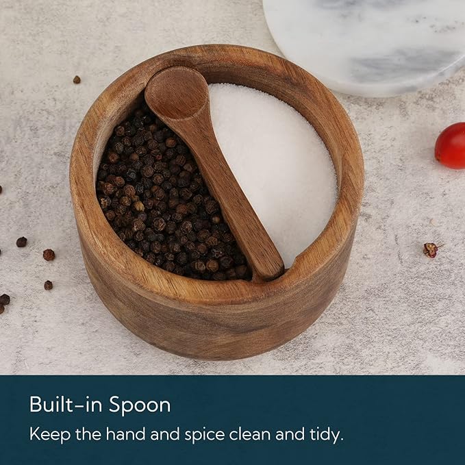 KITCHENDAO Acacia Wood Salt and Pepper Box Cellar Bowl with Grey Marble Lid and Built-in Spoon, Large Salt Container Cellar Storage Herb Sea Bath Salt Spice, Dual 5Oz Capacity
