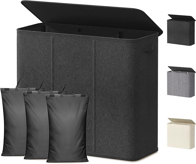 Lifewit Triple Laundry Hamper with Lid and Removable Laundry Bags, Large Collapsible 3 Dividers Dirty Clothes Basket with Handles for Bedroom, Laundry Room, Closet, Bathroom, College, 180L Dark Gray