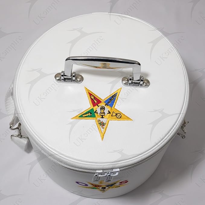Premium Masonic OES Fez Hat Case White Leather, O in Purple Eastern Star Dual Emblems Front & Top (Machine Embroidery) with Shoulder Strap