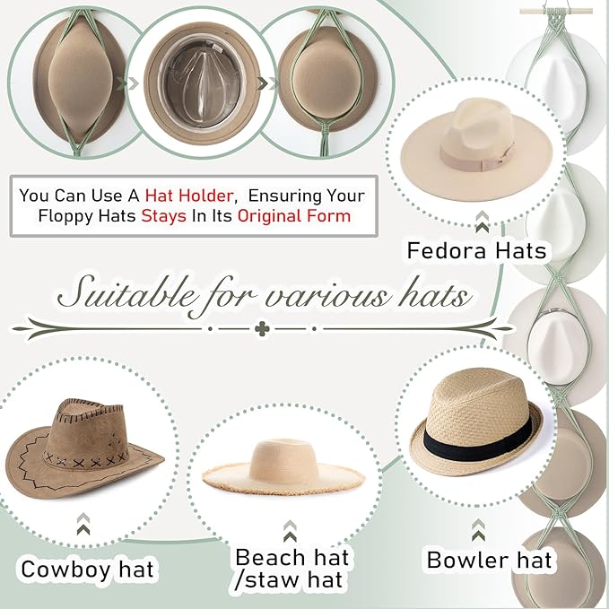 Yulejo Macrame Hat Hangers Racks Boho Cowboy Hats Holders Western Display Organizer Storage decor Back of Door for Wall(Sage Green,Five Hats Style)
