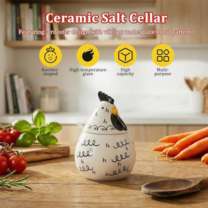 Ceramic Salt Cellar with Lid and Spoon,17oz Large Chicken Rooster Cookie Jar Salt Containers Holder for Countertop Spices,Cute Farmhouse Kitchen Decor,Spice Jar for Coffee,Sugar,Spices,Candies (#B)