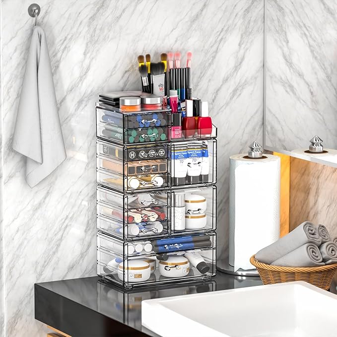 Acrylic Clear Make up Organizers And Storage for Vanity,Bathroom Skincare Organizer With 12 Drawer for Dresser,Plastic Desk Accessories Organization,Cosmetic Organizer Countertop for Beauty,Skin Care
