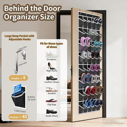 Over the Door Shoe Organizer with 40 Large Pockets, Multi-Purpose Storage for Shoe and Accessories, Durable Fabric with Adjustable Hooks for Home Closet Bedroom Entryway-Black