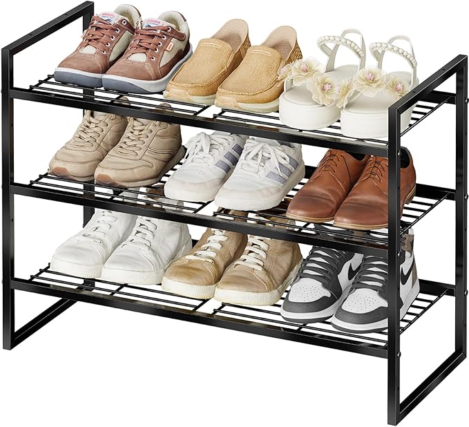 3 Tier Shoe Rack 27" Wide, Metal Frame Shoe Organizer for Front Door Entrance, Stackable Shoes Storage Shelf for Entryway, Closet, Black