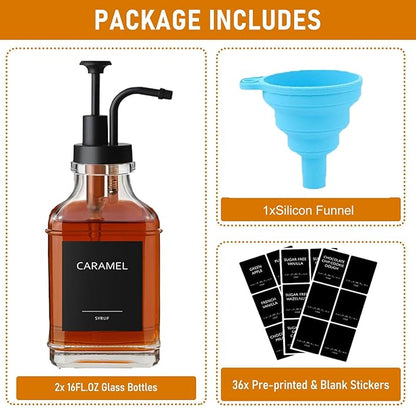 AXIM Coffee Syrup Pump Dispenser,500ml/17oz Glass Syrup Bottle with Pump and Labels, Syrup Bottles for Coffee Bar Station Organizer