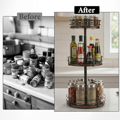 3-Tier Adjustable Lazy Susan Spice Rack Organizer, 360° Rotating Countertop Turntable with Wooden Shelves, Metal Frame & Silicone Drip Tray for Kitchen, Bathroom & Office