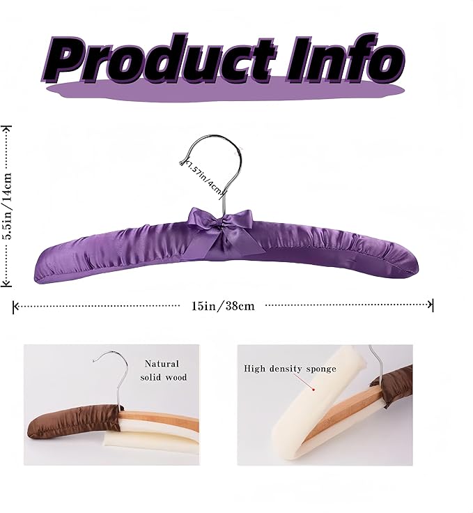 5 Pack Satin Padded Hangers for Women Clothing, Anti Slip Sponge Fabric Clothing Hangers Coat Racks for Sweater, Coat, Suit, Dress (Purple)