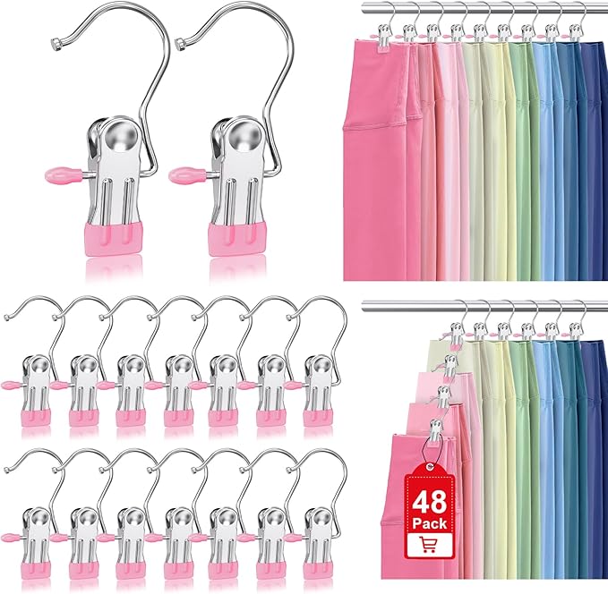 48 Pack Boot Hangers Clips for Closet, Laundry Hooks Hanging Clips Pants Hangers with Clips Legging Organizer Clothes Pins Hanger Clips for Closet Organizer Towel Socks Hats Jeans Home Travel Pink
