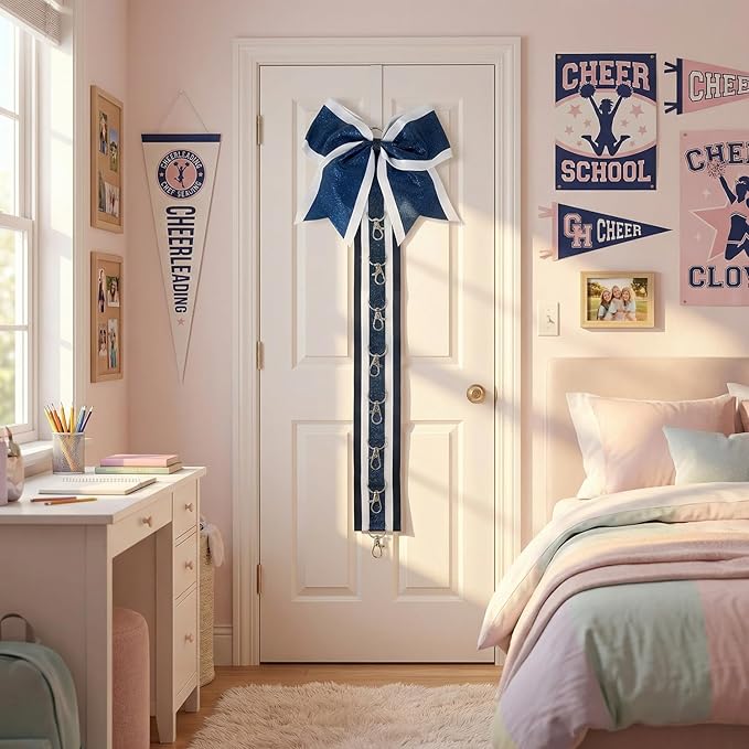 Glitter Large Handmade Cheer Bows Holder, Wall Hanger for Cheerleading Teen Girls High School College Sports, Navy