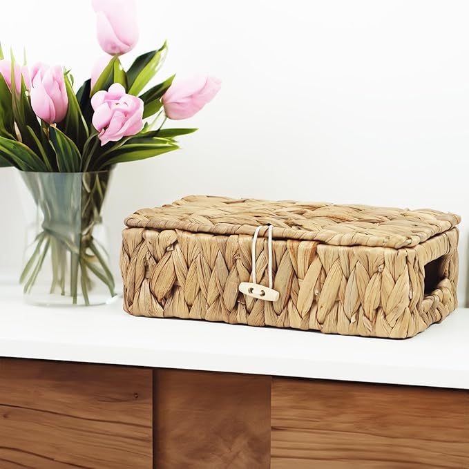 Small Basket with Lid, Wicker Storage Basket for Organizing, Rectangular Woven Basket for Storage, Water Hyacinth Decorative Boxes Bins with Lids (9" x 5.1" x 3")