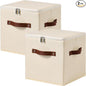 2PCS Storage Cubes with Lid Fabric Storage Bins Boxes PU Leather Handles Cotton Linen Closet Organizer Container Decorative Foldable Washable Shelf Cloth Basket (Zipper Lid, Beige, 11in)