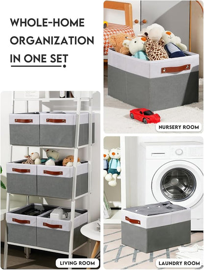 [6-Pack] Fabric Storage Bins (15x11x9.5 ) Reinforced 2.5mm Cardboard Shelf Bins with PU Leather Handles Durable Storage Baskets for Closet Organization, Toy Organizer, & Home Office White&Grey