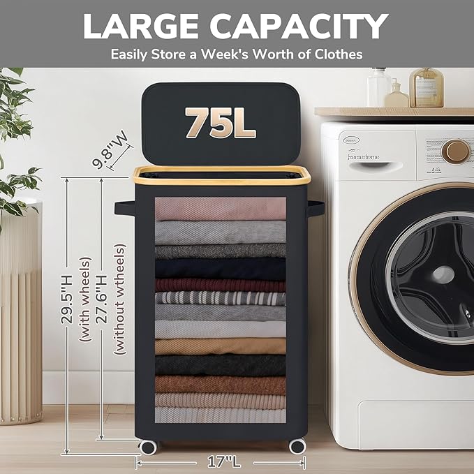 Goodpick Slim Laundry Basket with Wheels and Lid, 75L Rolling Laundry Hamper for Dorm Home Decor, Large Clothes Hamper with Bamboo Frame Removable Bag, Black, 17" x 9.8" x 29.5"