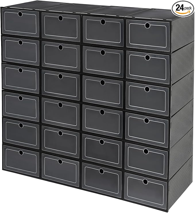 24 Pack Shoe Boxes, Plastic Shoe Organizer Foldable Shoes Storage Box Stackable Shoes Storage Organizer Transparent Organize Shelves with Lid for Storing Sneakers Flats Slippers