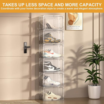 Shoe Box,Set of 6,Stackable Plastic Clear Shoe Box Organizer with Magnetic Door,Shoe Storage Box Thicken Sturdy,Easy Assembly,Fit up to US Size(Side opening door, Clear)