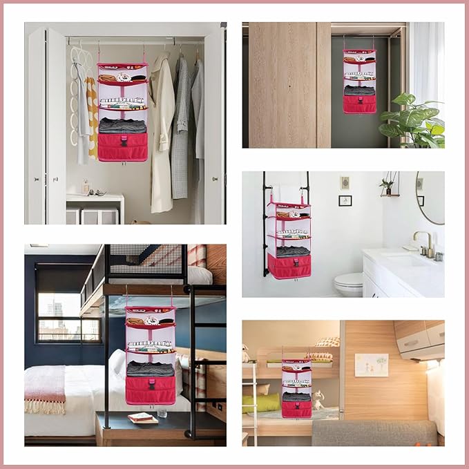 Surblue Hanging 3-Shelf Closet Organizer Pocket Collapsible Washable Oxford Fabric with 2 Hooks (L 11.41 * 11.41 * 19.68in, Rose)