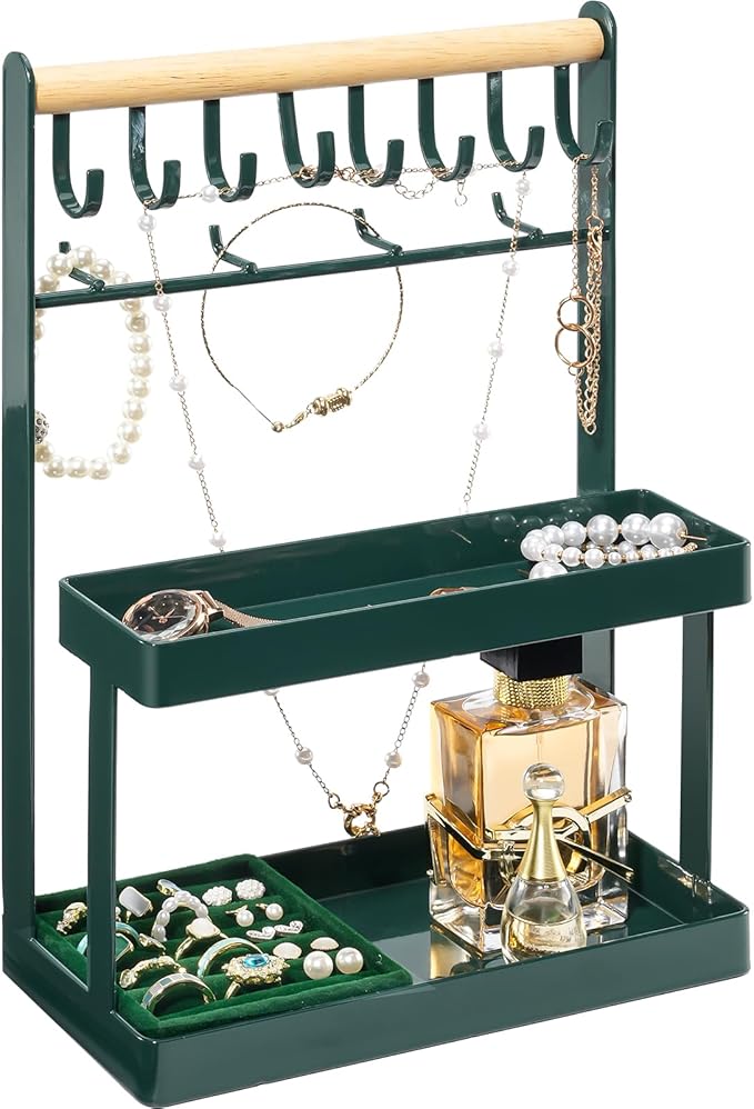 Lolalet 4-Tier Jewelry Organizer Stand with 12 Hooks, Necklace Bracelet Ring & Sunglasses Holder, Cute Metal Jewelry Storage Rack for Vanity, Dresser or Entryway, No Assembly -Green