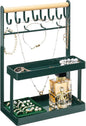 Lolalet 4-Tier Jewelry Organizer Stand with 12 Hooks, Necklace Bracelet Ring & Sunglasses Holder, Cute Metal Jewelry Storage Rack for Vanity, Dresser or Entryway, No Assembly -Green