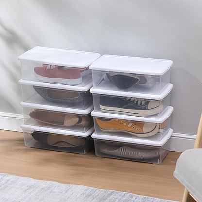 novelinks 8 Pack 6 Quart Clear Plastic Storage Bins with Lids, Stackable Shoe Boxes Plastic Storage Container, Organizer Bins for Shoes Organization (White)