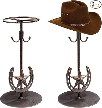 2 Pack Cowboy Hat Rack,Tabletop Standing Cowboy Hat Holder ，Western Horseshoe Decor，Hat Display Stand Can Keeps Original Shape of Hat, for Wide-brimmed Hat，Iron, Bronze