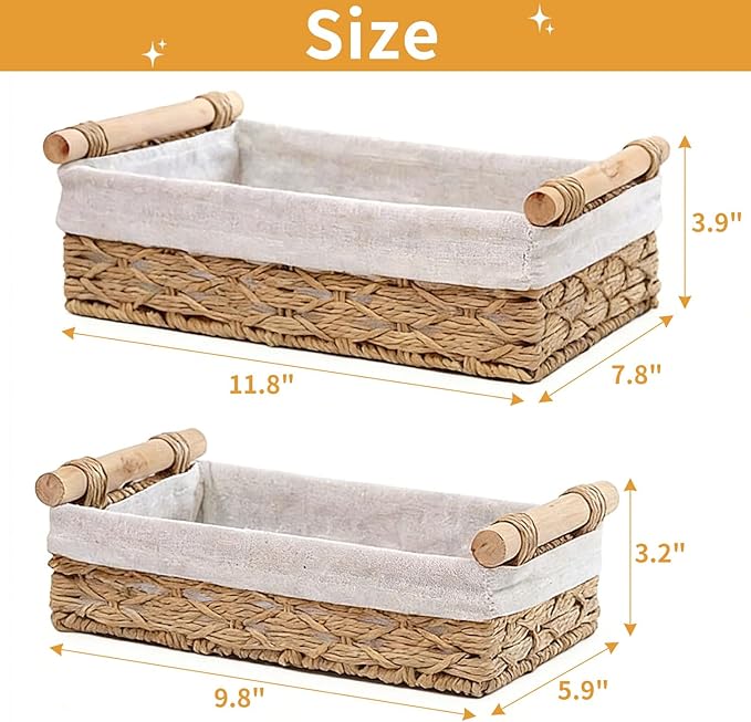 Storage Basket Wicker Baskets for Organizing, Storage Bins for Countertop & Toilet Paper, Toilet Tank Top Organizer (Set of 2, Beige)