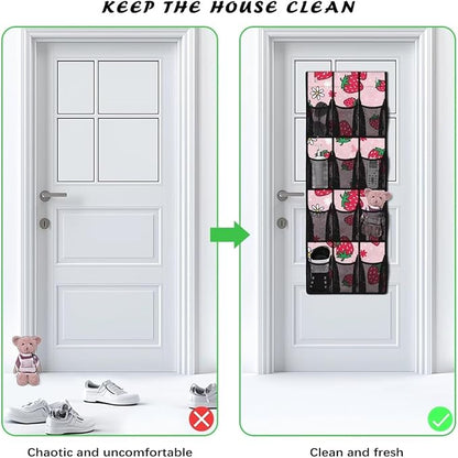 Pink Door Hanging Shoe Organizer Mesh Fabric Over The Door Shoe Organizer for Closet 12 Pockets Strawberry Wall Hanging Storage Space Saving Shoe Holder Hanger