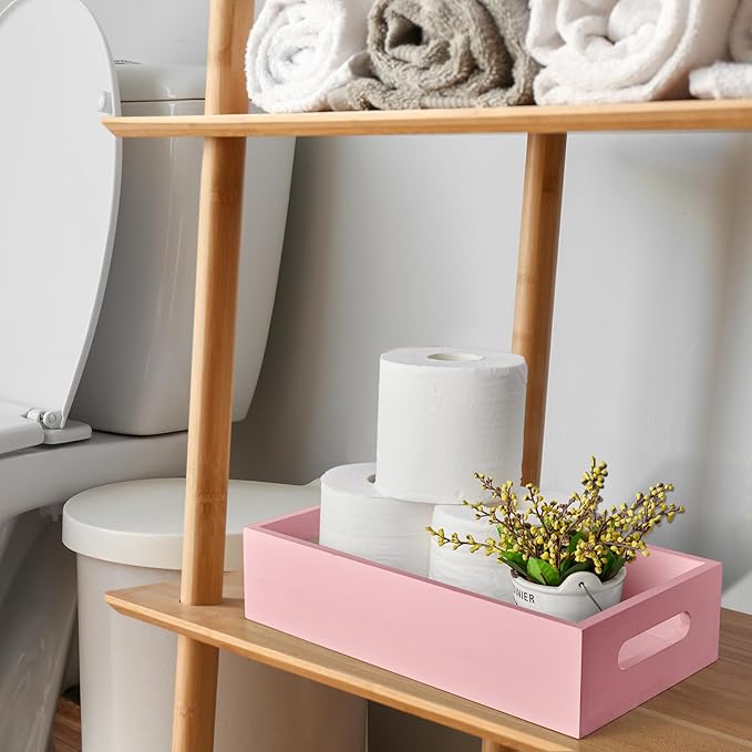 ALELION Pink Bathroom Basket for Organizing - Wooden Toilet Tank Paper Basket with Handle for Back of Toilet Tank Top Organizer - Pink Kitchen Bathroom Decor Accessories