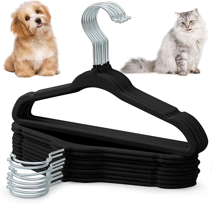 Weysat 24 Pcs Dog Clothes Hangers 11'' Non-Slip & 360° Swivel Velvet Small Pet Black Hangers for Cats/Dogs with Rustproof Metal Hooks, Space-Saving for Home Storage & Grooming Salons Minimalism