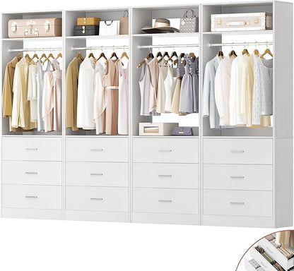 Besiost Closet System Set of 4, 8FT Closet Systems with 12 Wood Drawers, 96" Closet Organizer System with 4 Hanging Rods & 4 Shelves, Heavy Duty 96 Inch Walk-in Closet, White (96"L x 15" W x 80" H)