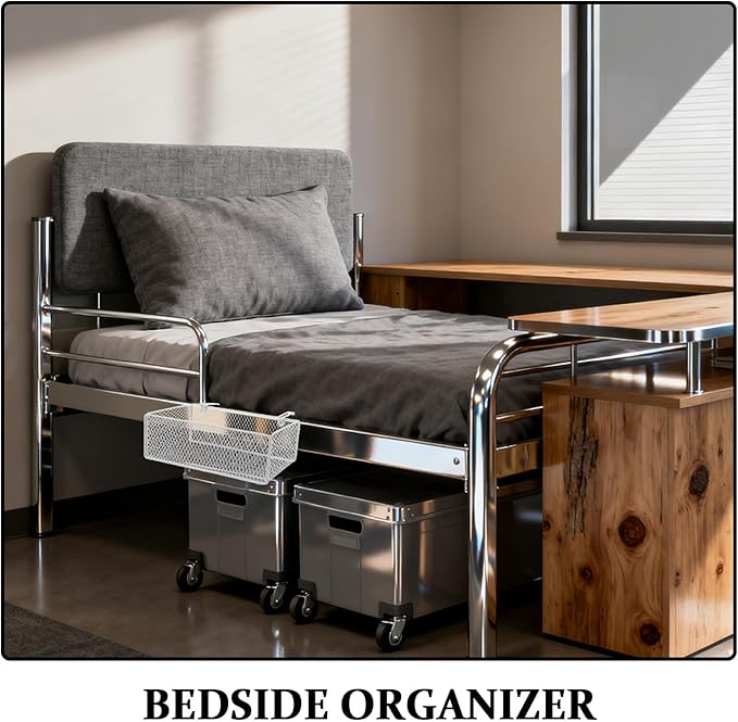 Bedside Organizer - White Bedside Hanging Wire Basket Organizer With Adjustable Hook Spacing - Dormitory Bed Storage Caddy For College Dorm Room Bunk Bed