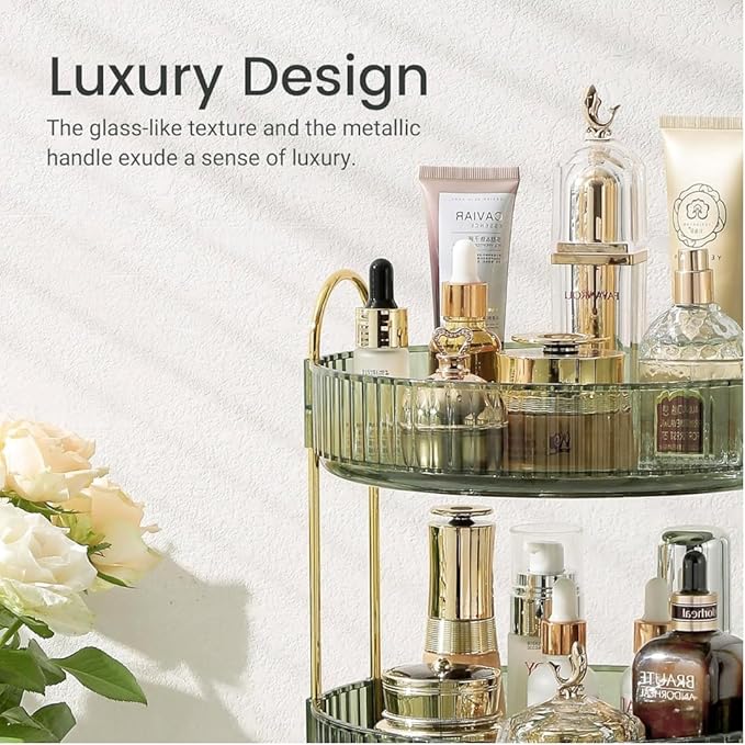 360° Rotating Makeup Organizer, 3 Tier Spinning Cosmetic Organizer for Vanity & Bathroom Countertop, Holds Tall Skincare Bottles, Perfume & Beauty Accessories – Clear Green