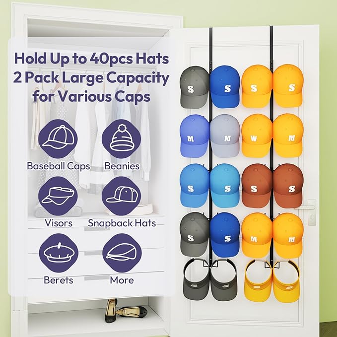 SWTYMIKI Over Door Hat Organizer - 2 Packs Metal Wall Mounted Hat Rack with 5-Tier Dual Hooks Design, Hanging Baseball Cap Organizer Storage Holds up to 40 Caps for Door, Bedroom, Closet