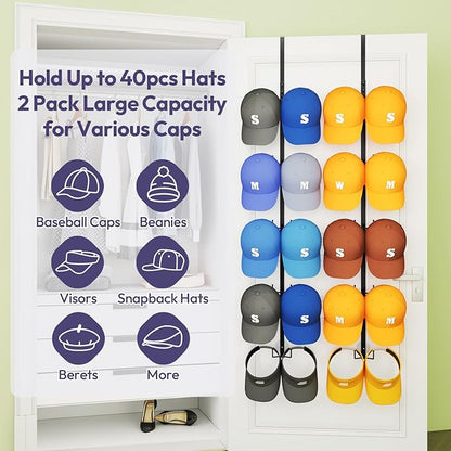 SWTYMIKI Over Door Hat Organizer - 2 Packs Metal Wall Mounted Hat Rack with 5-Tier Dual Hooks Design, Hanging Baseball Cap Organizer Storage Holds up to 40 Caps for Door, Bedroom, Closet