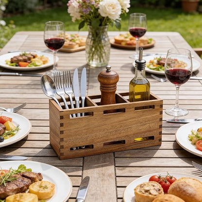 Farmhouse Wooden Silverware Utensil Caddy Cutlery Holder Small Acacia Wood Utensil Holders Organizer for Kitchen Count Party Fork Spoon Storage Organizer Table Silverware Holder Flatware Caddy Basket
