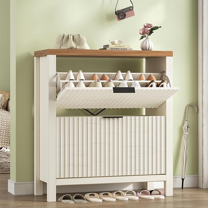 YOMILUVE Shoe Cabinet Storage for Entryway, Fluted Shoe Cabinet with 2 Flip Drawers, Hidden Shoe Rack Tall Freestanding Shoe Organizer with Legs for Hallway, White