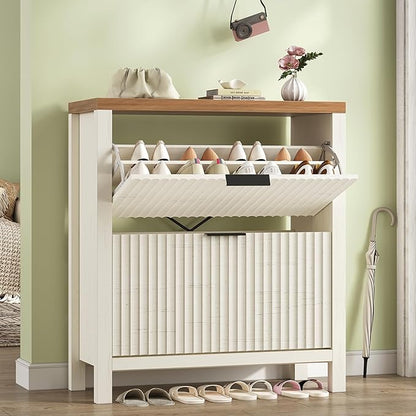 YOMILUVE Shoe Cabinet Storage for Entryway, Fluted Shoe Cabinet with 2 Flip Drawers, Hidden Shoe Rack Tall Freestanding Shoe Organizer with Legs for Hallway, White