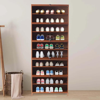 10 Tiers Shoe Storage Cabinet with Doors Tall Bamboo Hidden Shoe Storage Freestanding Shoes Heels Sneakers Shelf Rack 30 Pairs of Shoes Organizer Book Shelf for Entryway Hallway Living Room Bedroom