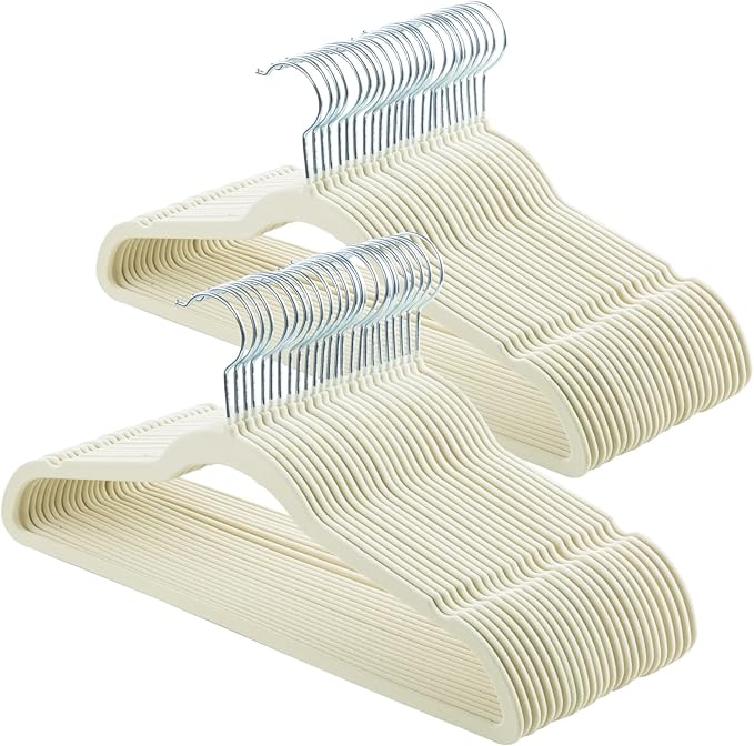Velvet & Slim Felt Hangers 50 Pack, Beige 360 Swivel Hook Non-Slip Adult Hangers for Coats, Pants & Dress Clothes
